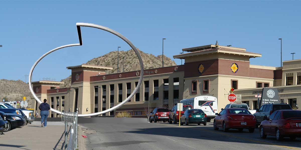 Photomontage of proposed stainless steel sculpture for the UTEP roundabout, El Paso