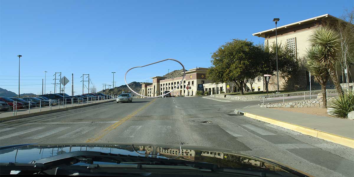 Approach view showing elliptical projection of the sculpture