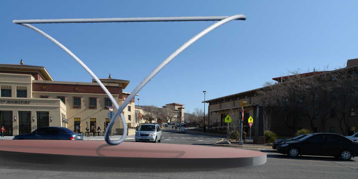 Photomontage showing sculpture with the straight horizontal connection at the top simultaneously unites and separates